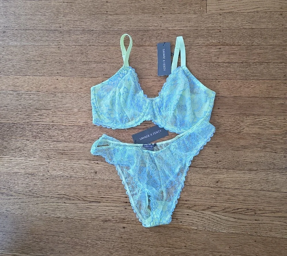 💙SET Savage X Fenty Pastel Yellow and Light Blue Lace Bralette & Bikini